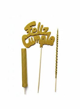 Topper Feliz Cumple Con Bengala y Vela Oro - 1