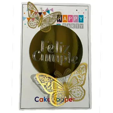 Topper para Torta "F. Cumple" Mariposa Oro