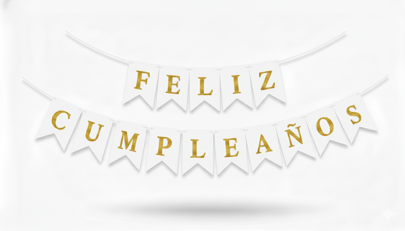 Banderin Feliz Cumpleaños Blanco con Dorado