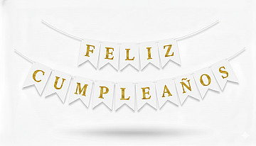 Banderin Feliz Cumpleaños Blanco con Oro - 3