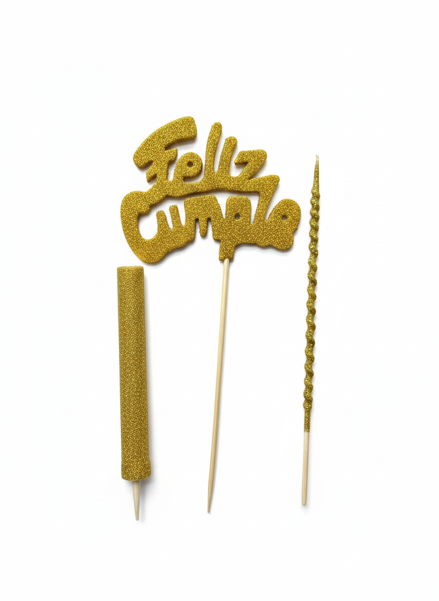 Topper Feliz Cumple Con Bengala y Vela Oro
