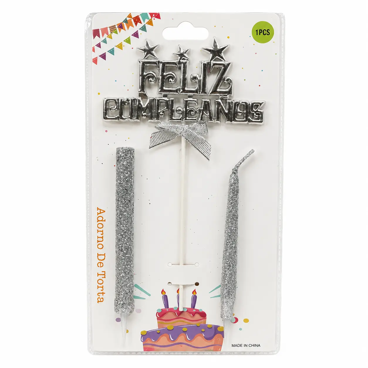 Topper Feliz Cumple Con Bengala y Vela Plata