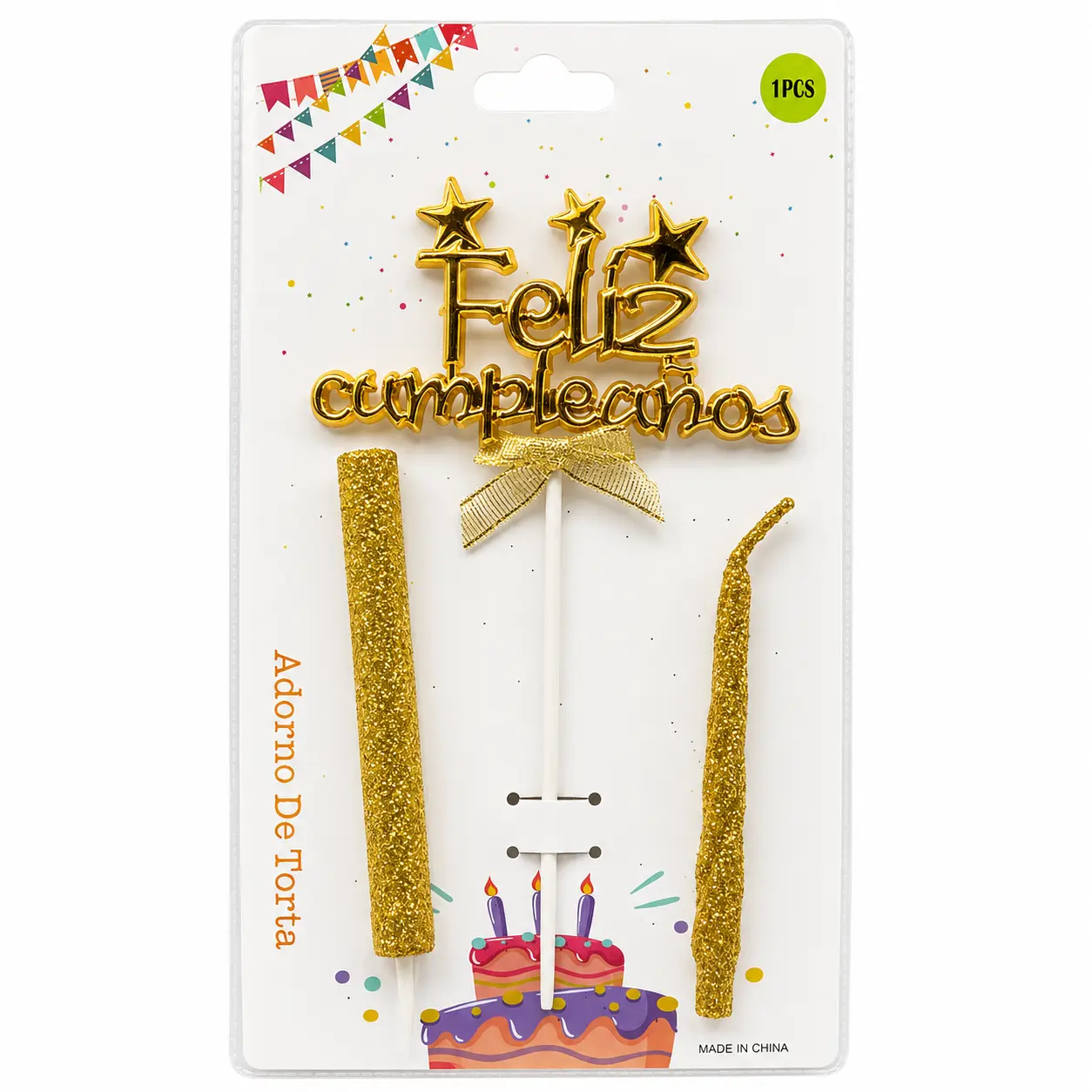 Topper Feliz Cumple Con Bengala y Vela Oro