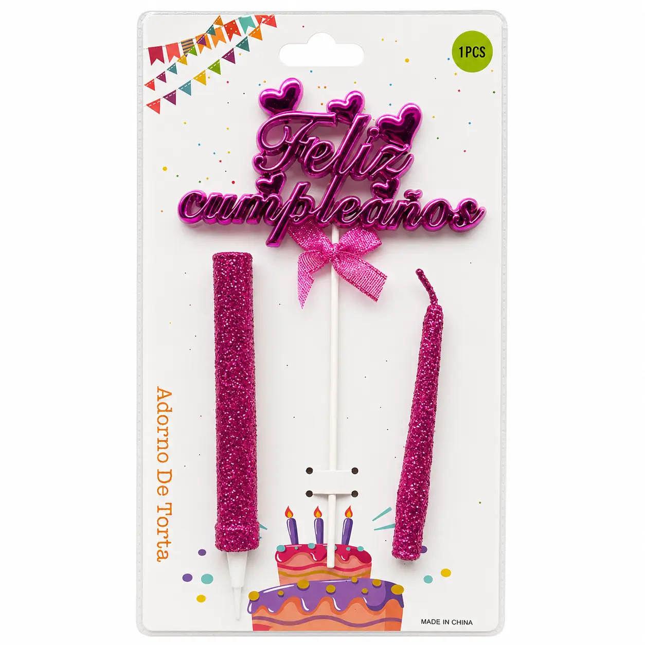 Topper Feliz Cumple Con Bengala y Vela Rosa