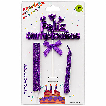 Topper Feliz Cumple Con Bengala y Vela Violeta - 1