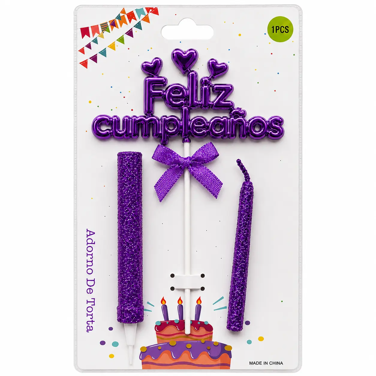 Topper Feliz Cumple Con Bengala y Vela Violeta
