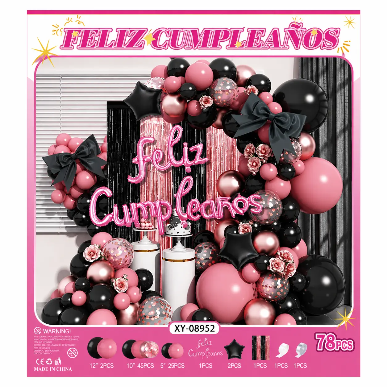 Set de Globos Deco Feliz Cumple Fucsia y Negro
