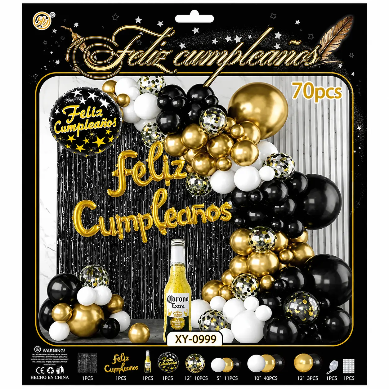 Set de Globos Deco Feliz Cumple Oro y Negro