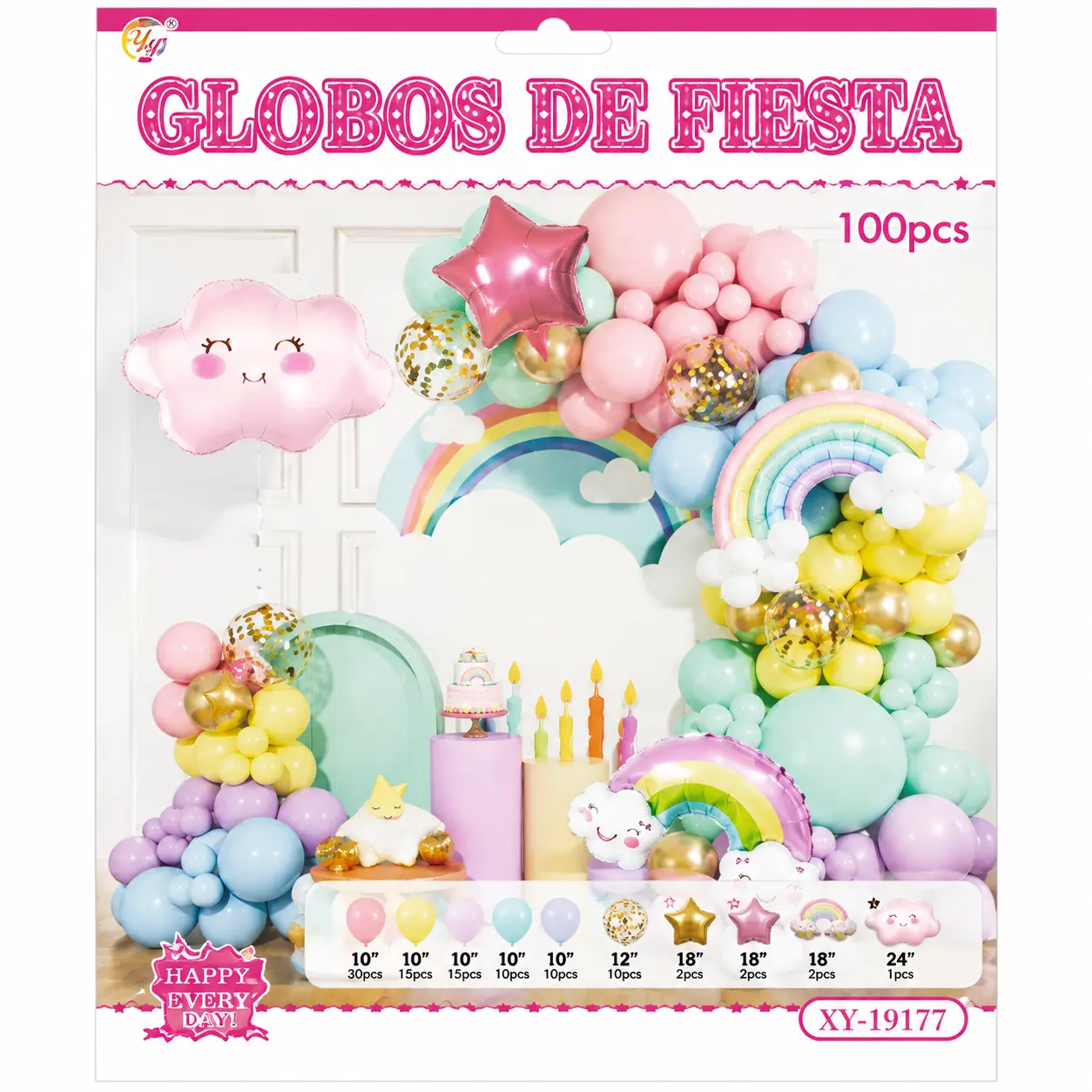 Set de Globos Deco Feliz Cumple Arco Iris