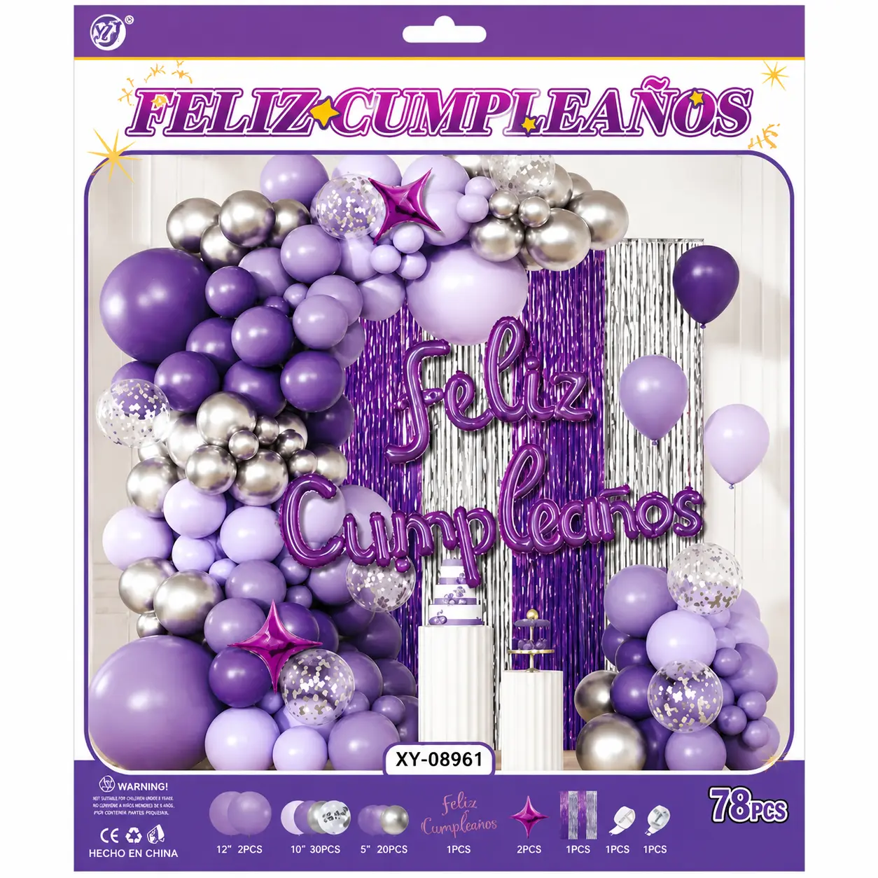 Set de Globos Deco Feliz Cumple Lila y Plata