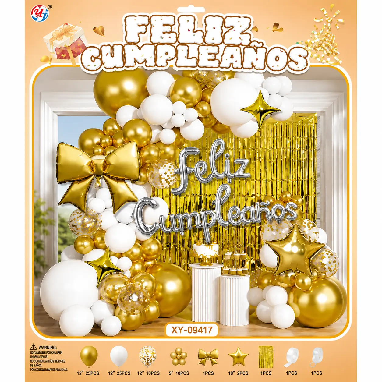 Set de Globos Deco Feliz Cumple Oro y Blanco