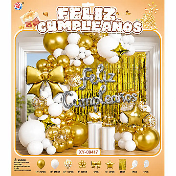 Set de Globos Deco Feliz Cumple Oro y Blanco - 1