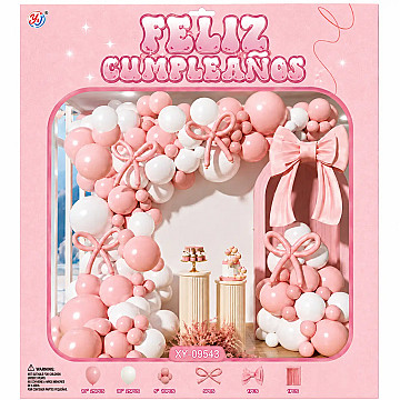 Set de Globos Deco Feliz Cumple Rosa y Blanco - 1