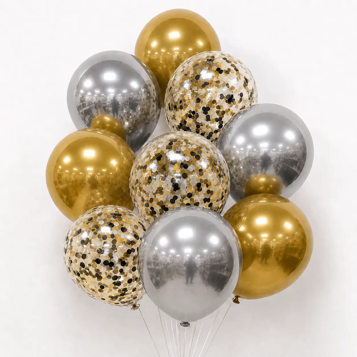Set de 9 Globos Oro y Plata mas Cristal con Confetti